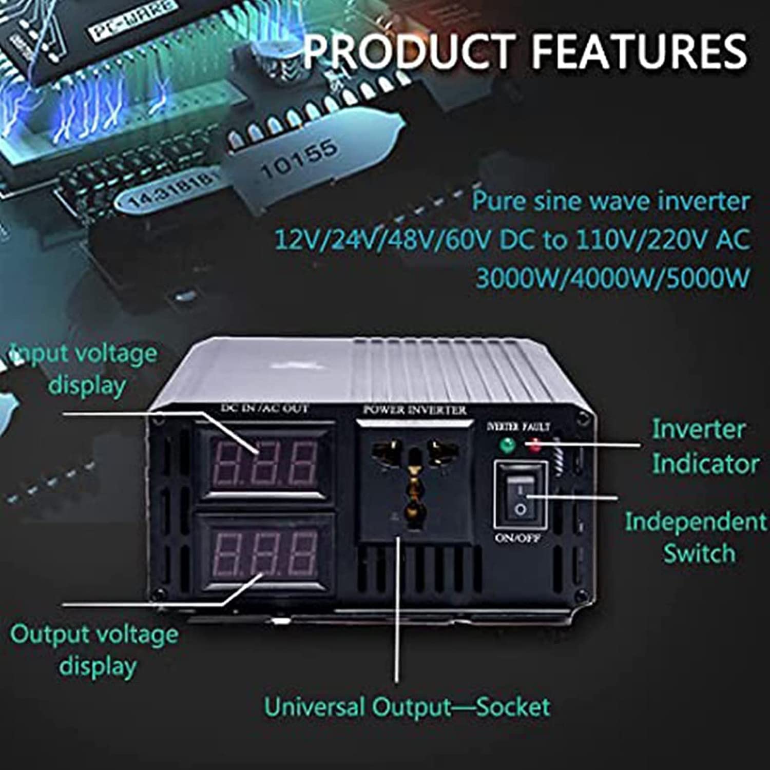 Przetwornica mocy czystej fali sinusoidalnej 5000W 6000W 7000W 8000W DC 12V 24V 48V 60V na AC110V 230V Przetwornica napięcia z uniwersalnym gniazdem i inteligentnym kolorowym ekranem,8000W-12V