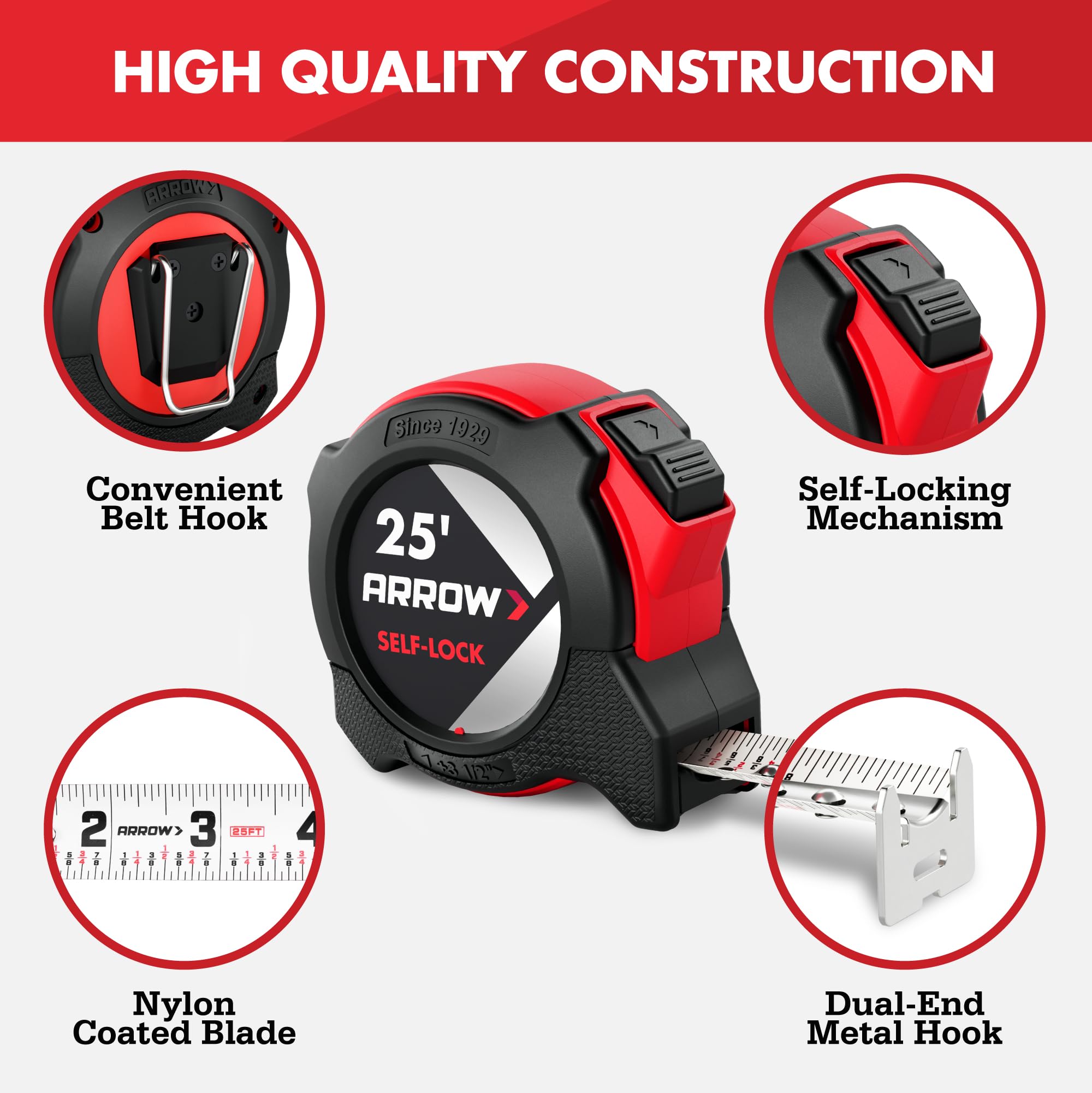 Arrow 25FT Auto-Lock Tape Measure, Easy Read Double Sided Measuring Tape — Amazon image 3