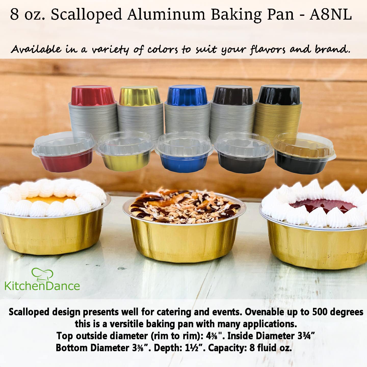 KitchenDance Disposable Colored Aluminum 8 oz. Individual Cake Cups- Tart Pans-Dessert Pans. Color and Lid Options #A8 (100, Black With Lids)