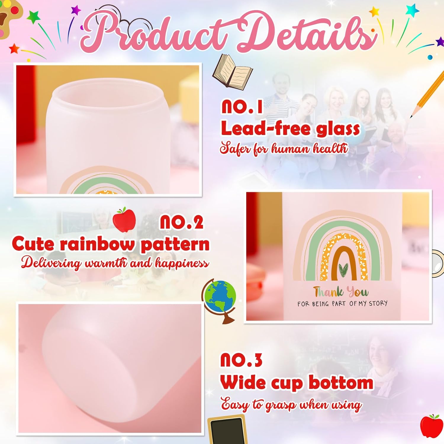 Honeydak 2 Sets Valentines Day Teacher Gifts Thank You Glass Cups End of The Year Appreciation Tumbler with Lid and Straw, 16 oz Thank You for Being Part of My Story Coffee Mugs - Image 6