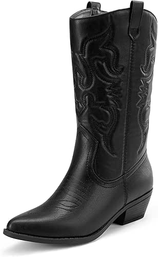 DREAM PAIRS Women's Cowboy Boots Pull On Cowgirl Boots Mid