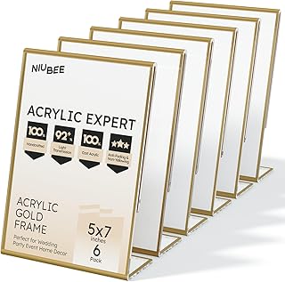 NIUBEE 6 Pack 5 x 7 Acrylic Gold Frame, Slanted Back Table Sign Holder for Wedding Table Numbers, Restaurant Signs, Photos and Art Display Visit the Store