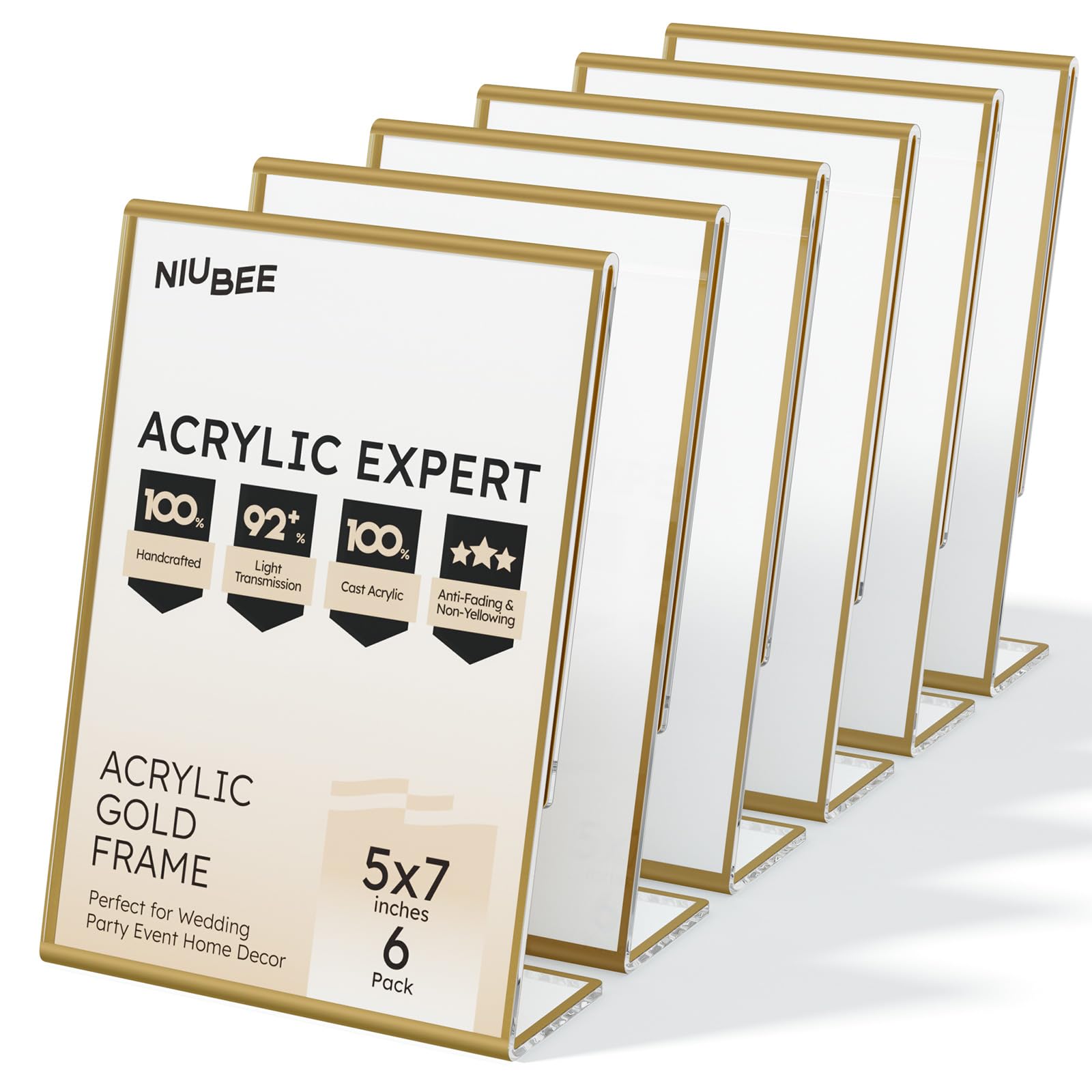 NIUBEE 6 Pack 5 x 7 Acrylic Gold Frame, Slanted Back Table Sign Holder for Wedding Table Numbers, Restaurant Signs, Photos and Art Display Visit the Store