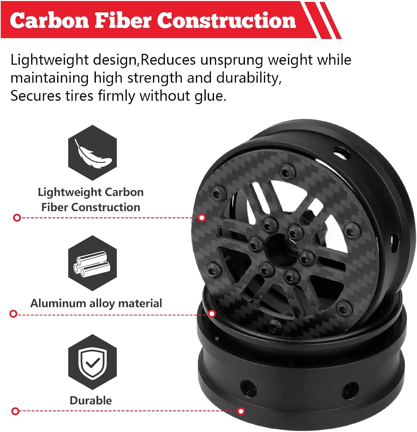 HobbyPark Carbon Fiber 2.2 Beadlock Wheels Rims for TRX4 SCX10 2.2 Beadlocks 1/10 Crawler Car Upgrades (Type A)