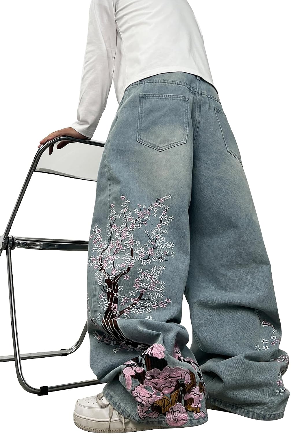 DFGIGT Mens Baggy Jeans Embroidered Wide Leg Jeans Hip Hop Denim Pants Relaxed Skater Loose Fit Trousers Streetwear