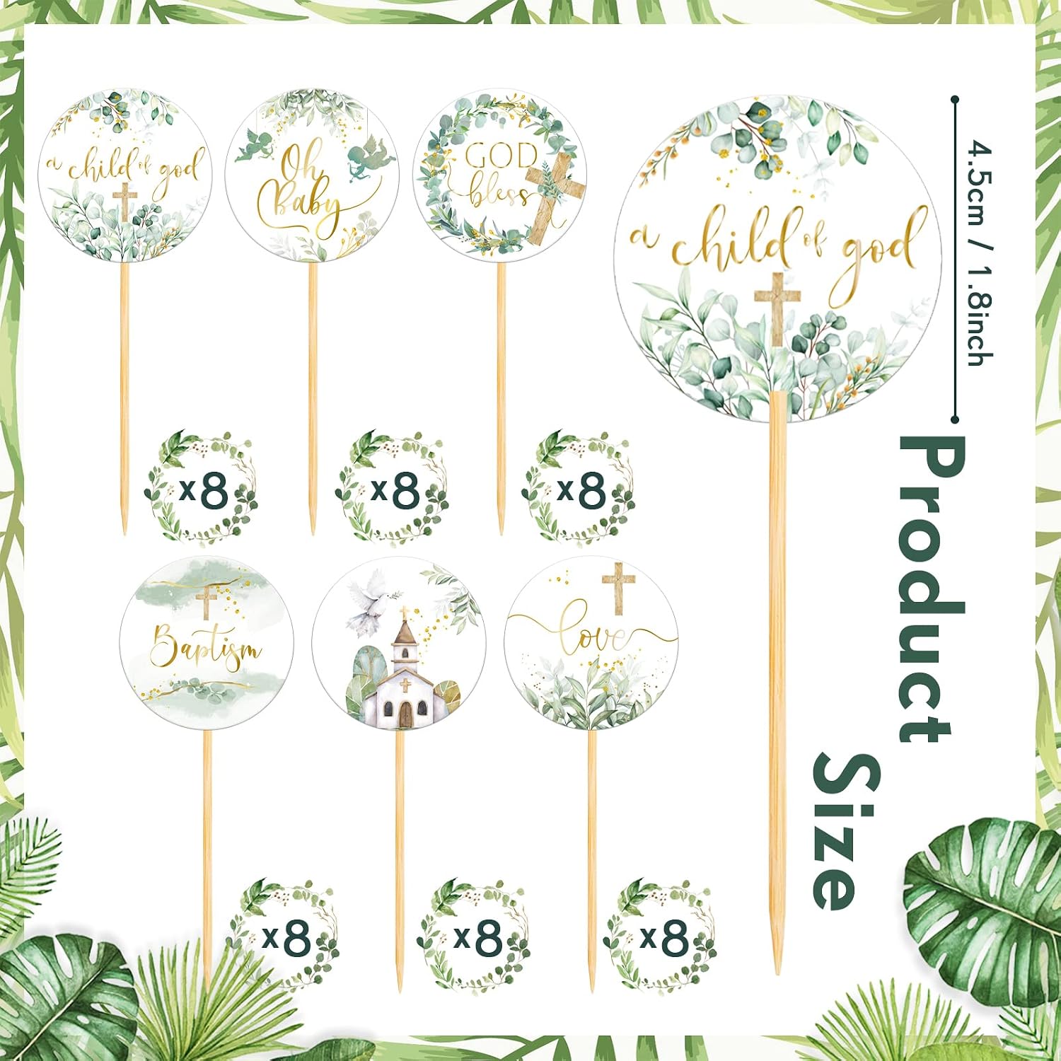 Henoyso 48 Pcs Greenery Baptism Cupcake Toppers God Bless Cross Cake Toppers First Holy Communion Christening Confirmation Religious Cupcake Picks for Baby Shower Baptism Party Decorations