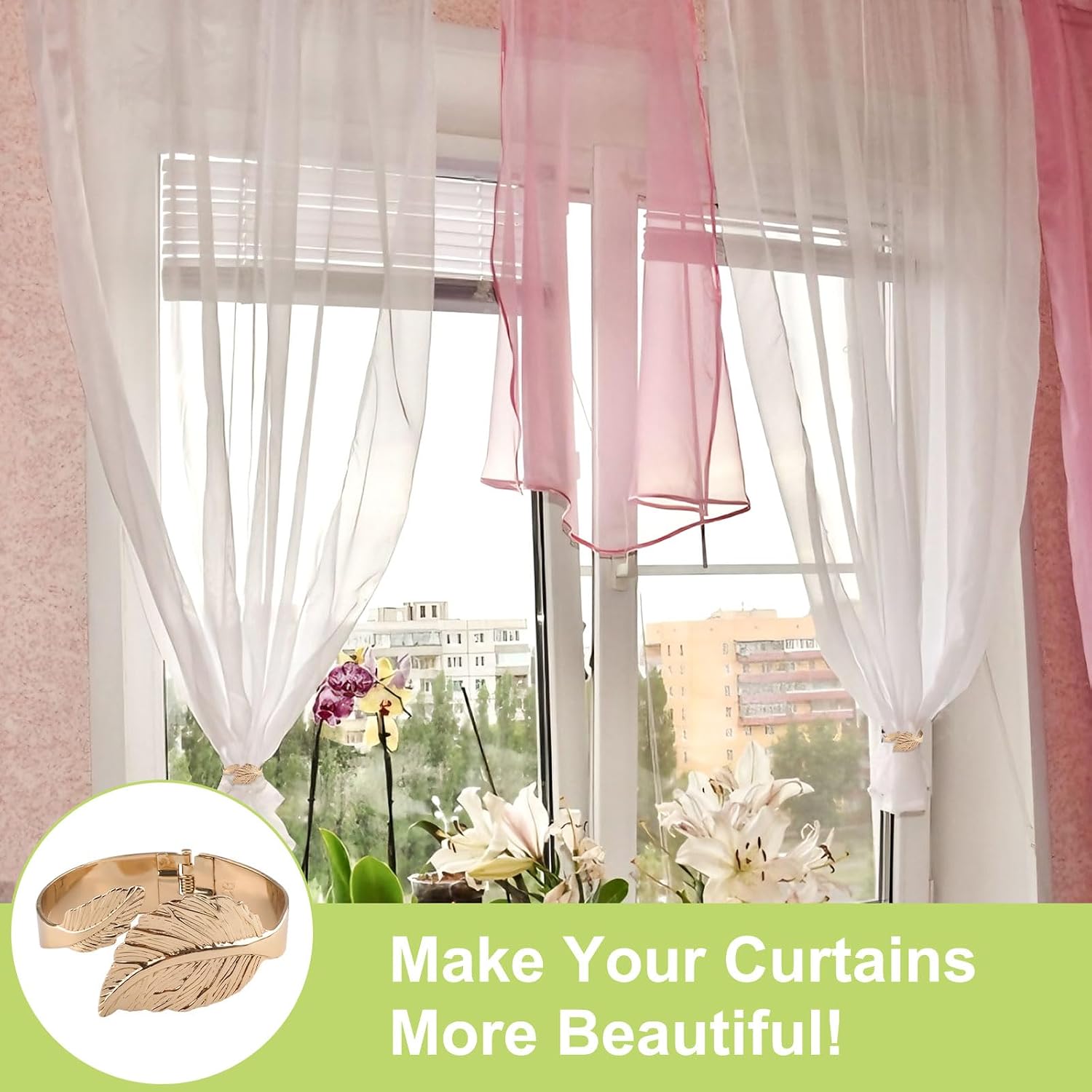 6Pcs Metal Creative Curtain Tiebacks, Drape Rope Buckles Decorative Leaf Curtain Tiebacks Spring Drape Holder Clip for Home Office(Gold Leaf)