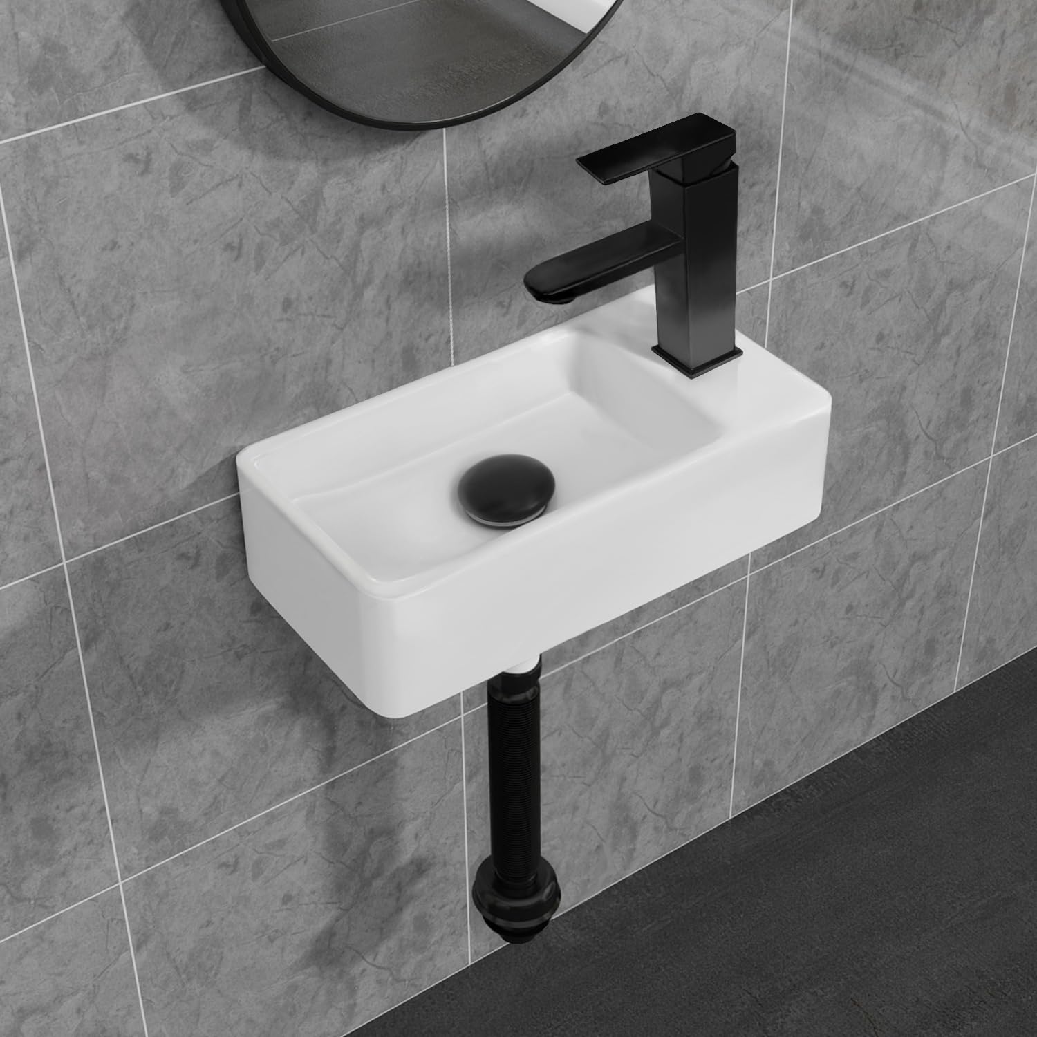 Lavabo de cerámica para pared de 7x14 pulgadas con grifo negro y desagüe rectangular para baño