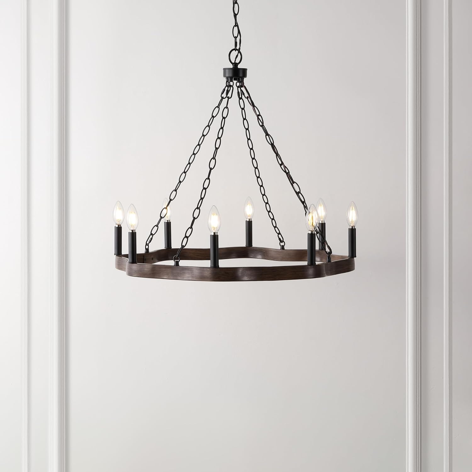 SAFAVIEH Lighting Collection Brookville Black/Brown 8-Light Round Wagon Wheel Hanging Adjustable Chandelier Light Fixture (LED Bulbs Included)