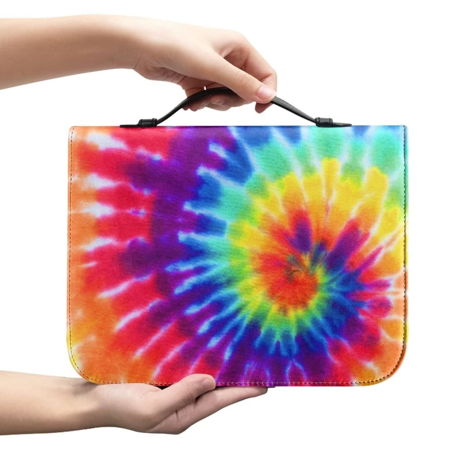 SEANATIVE Rainbow Swirl Tie Dye Bible Cover PU Leather Bible Case with Handle Multi-Functional Large Size Zippered Bible Tote Bag
