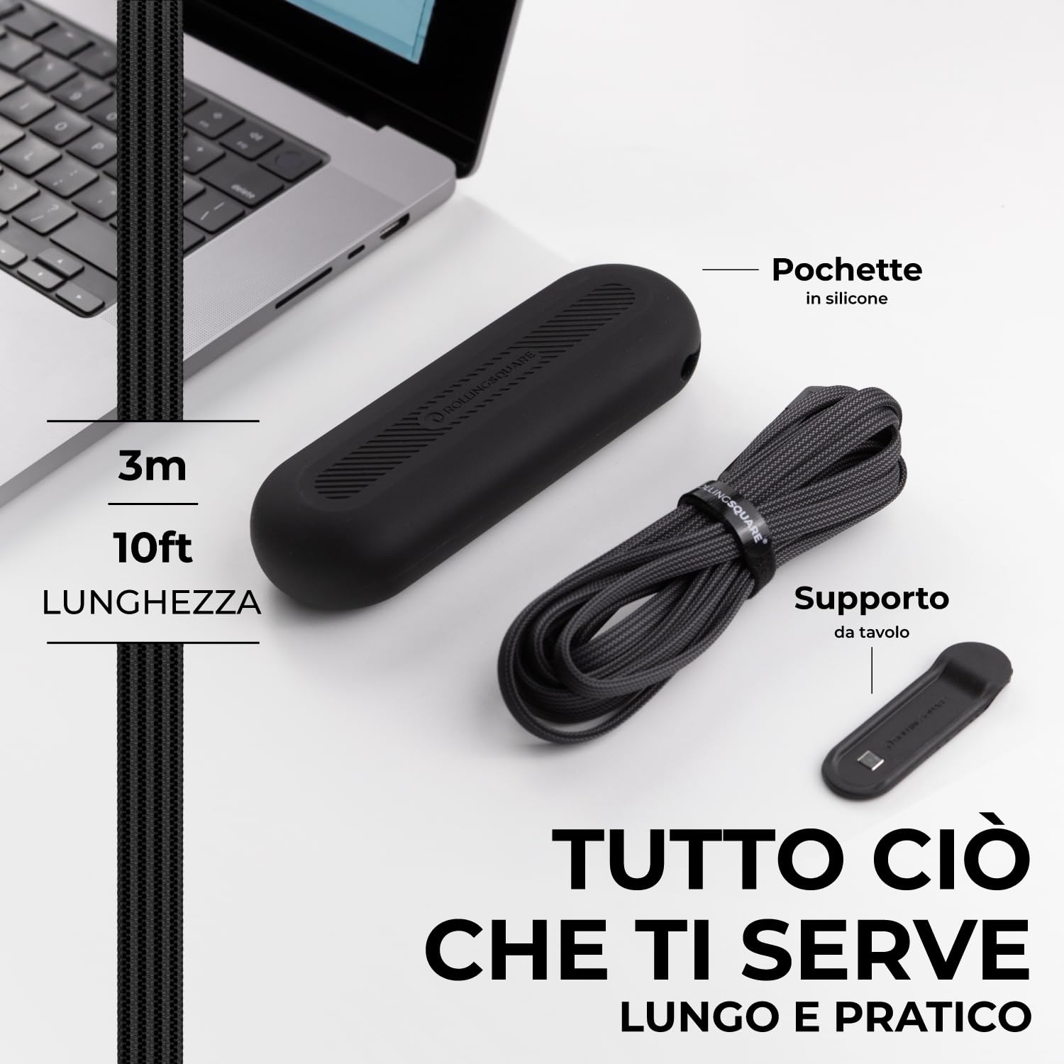 Rolling Square inCharge XL 200 cm - Cavo Usb Type-c, Cavo Universale Cellulare, Regalo Uomo, Caricatore Universale Cellulare 6 in 1, Gadget Tecnologico, Nero, Cavo Lightning da 100W
