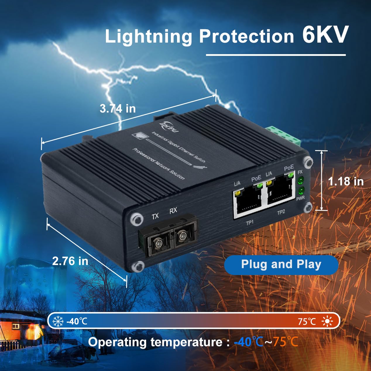 Convertisseur de média industriel 1,25 G Gigabit SC vers Ethernet prenant en charge le rail DIN, commutateur de fibre IEEE 802.3af/at 30 W PoE avec 2 ports RJ45 et 1 port SC monomode, jusqu'à 20 km,