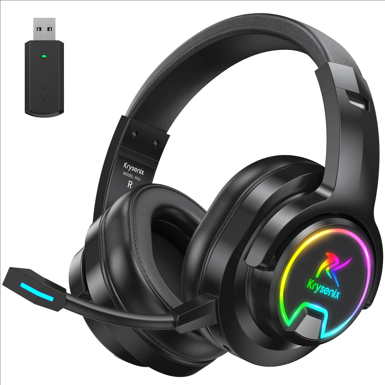 PG3 2,4 GHz Cascos Gaming Inalámbricos para PS5, PS4, PC, Mac, Switch, Auriculares Inalámbricos Bluetooth 5.4 con micrófono desmontable, 7.1 Sonido Envolvente, Duración 48Hr, Luz LED, Carbón