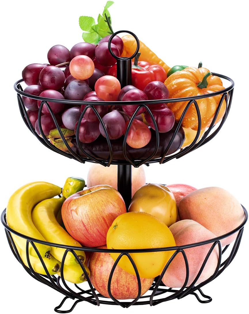 Rice rat Fruit Stand Vegetables Basket Counter Top Fruit Basket Bowl Storage for Kitchen Home Metal Cast Iron (2 Tier-Black)