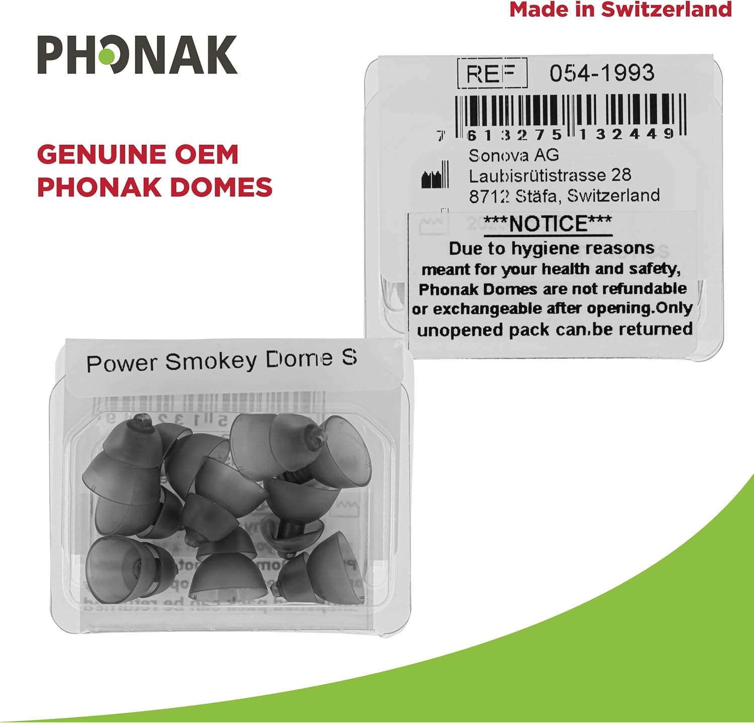 Phonak Power Smokey Dome packaging with hygiene notice