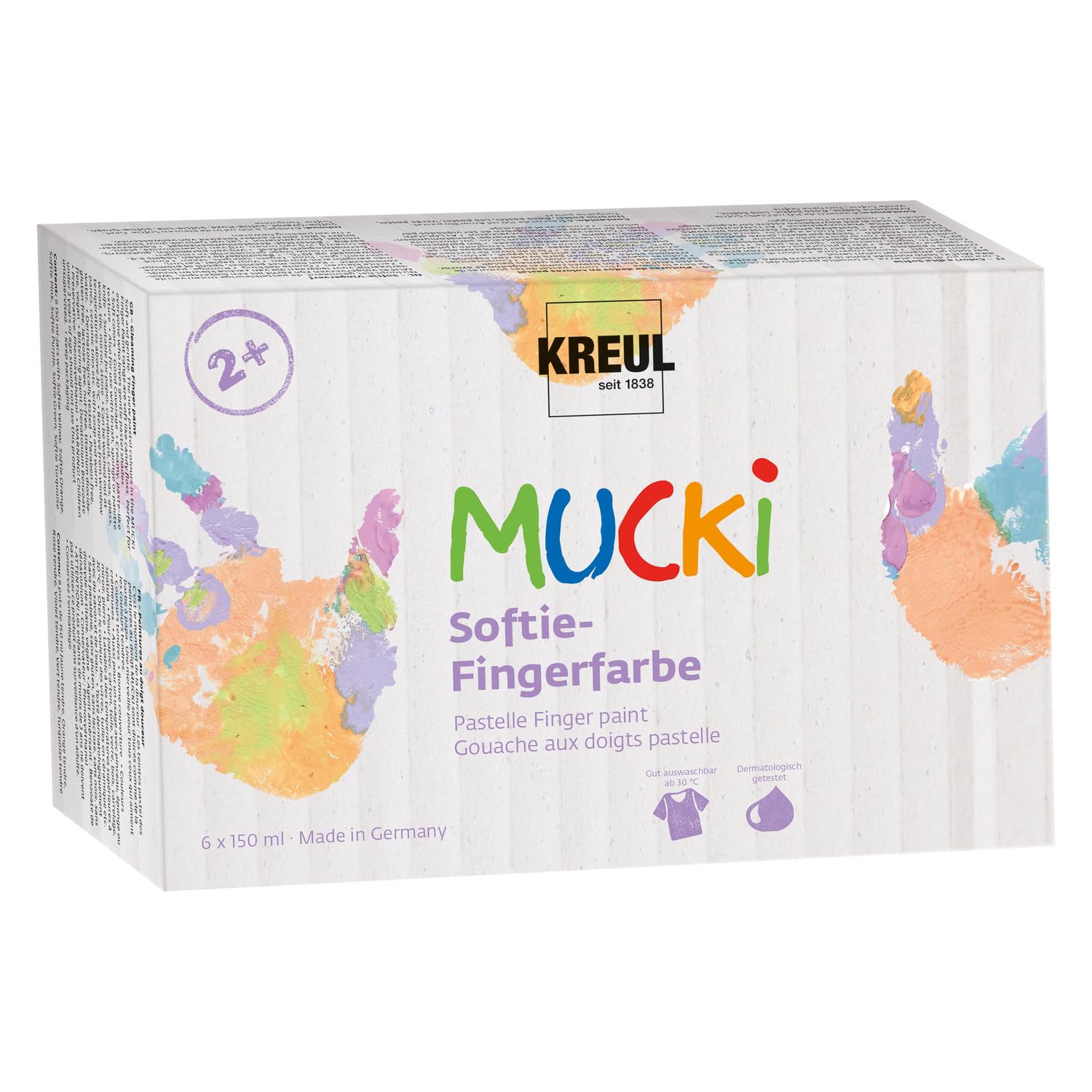 KREUL 2321-MUCKI Softie, 6 x 150 ml, Colores Pastel a Base de Agua, Pinturas de Dedos para niños a Partir de 2 años, Multicolor, 1 unidad (Paquete de 1)