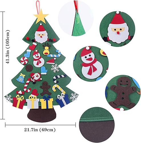 Miniatura 3 de Árbol de Navidad de fieltro para pared de niños, juego de bricolaje para niños pequeños con 28 adornos, decoraciones de Navidad para puerta, fiesta