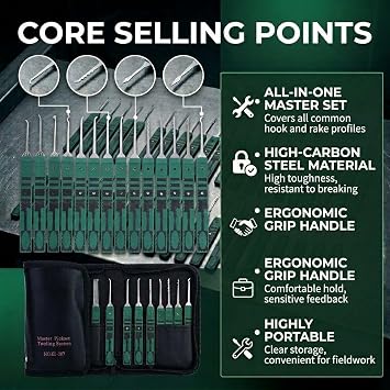 Green Non Slip Handle Lock Pick Set with Multi Profile Stainless Picks Auxiliary L Shape Tension Wrenches and Black Zipper Nylon Storage Pouch for Locksmith Hobby Training and Beginner Skill Learning