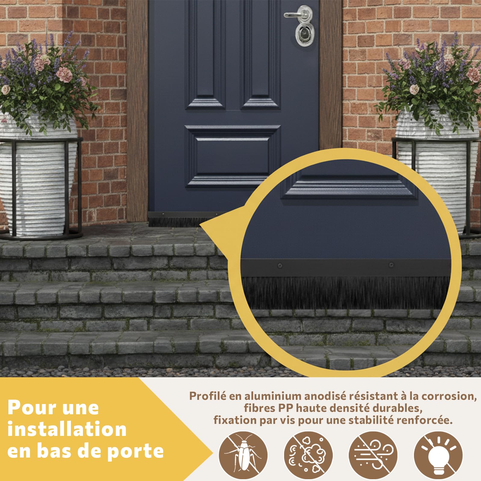 Lot de 3 – Joint de porte à brosse Retsun 61 mm x 880 mm – Aluminium anodisé avec fibres PP haute densité, finition noire – Anti-courant d’air, anti-insectes et anti-poussière（Black1.5，3）