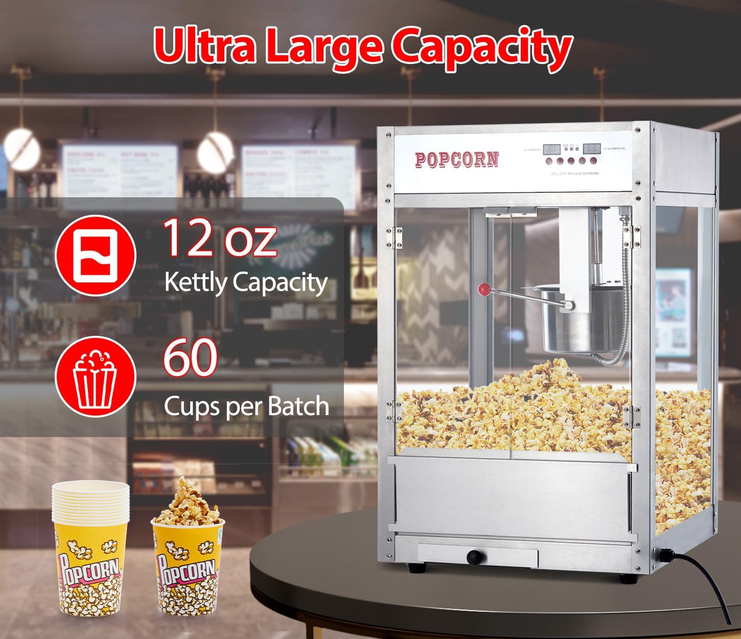 12 OZ Large commercial Popcorn Machine Movie Night, Temperature Control with Digital Display, Popcorn Popper with 10 PACK Popcorn Buckets, Old Fashion Popcorn Machine Movie Theater Style