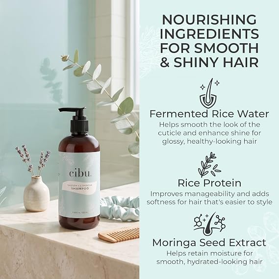 Cibu Smooth + Luminous Shampoo, 11.83 oz - Lightweight, Smoothing Shampoo for Frizzy Hair - Helps Reduce Frizz, Adds Hair Shine with Fermented Rice Water, Rice Protein, Moringa Seed Extract