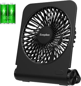 EasyAcc Small Travel Desk Fan, 4000 mAh Slim Portable Fan for Slumber Pod Camping, 180Tilt Folding, Fully Foldable, Rechargeable, Office Desktop Desk Camping Travel Accessories