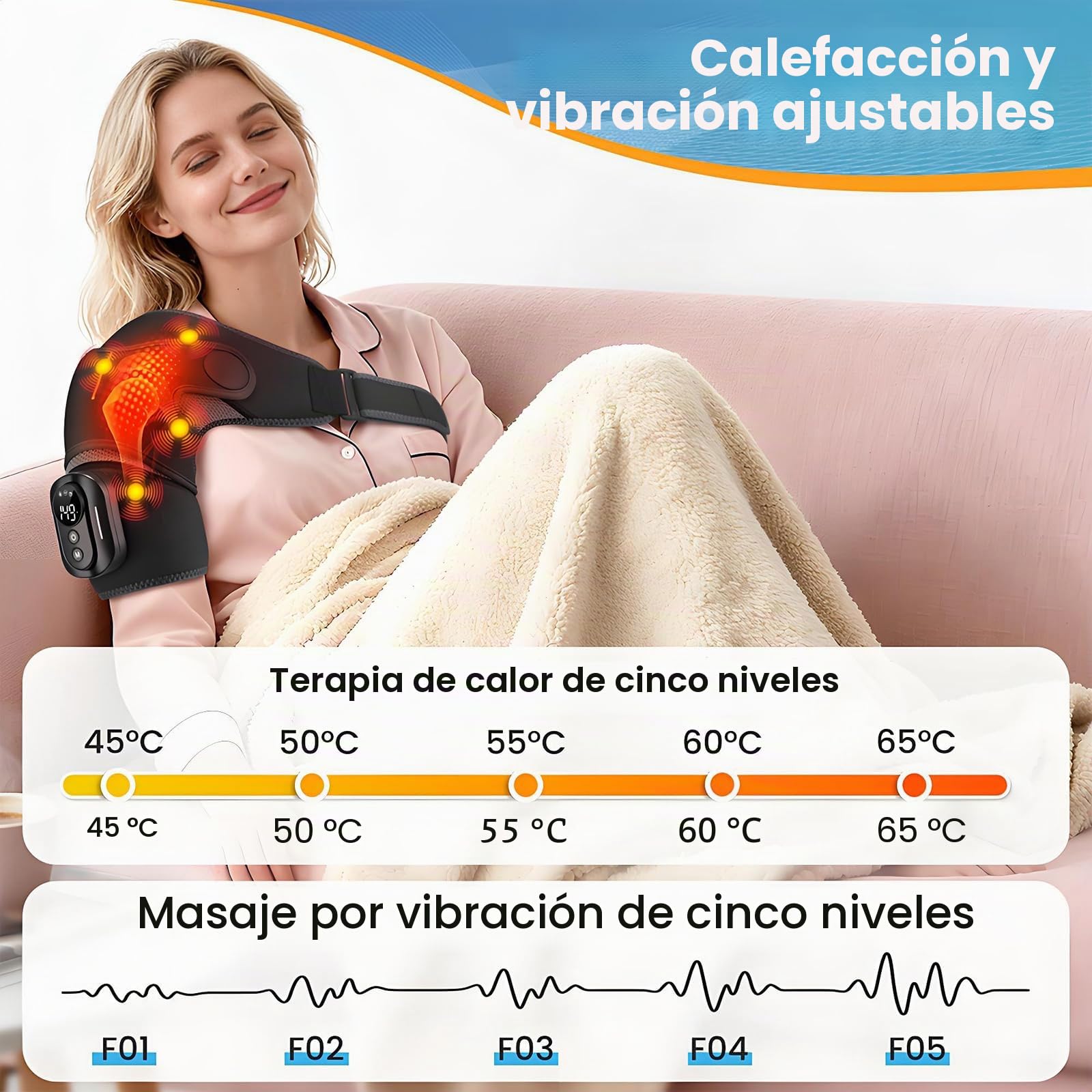 Masajeador de hombros, 5 modos de calentamiento y vibración, batería de 5000 mAh | Temporizador de 3 niveles, mando a distancia extraíble, material transpirable, correas ajustables para el hogar, oficina