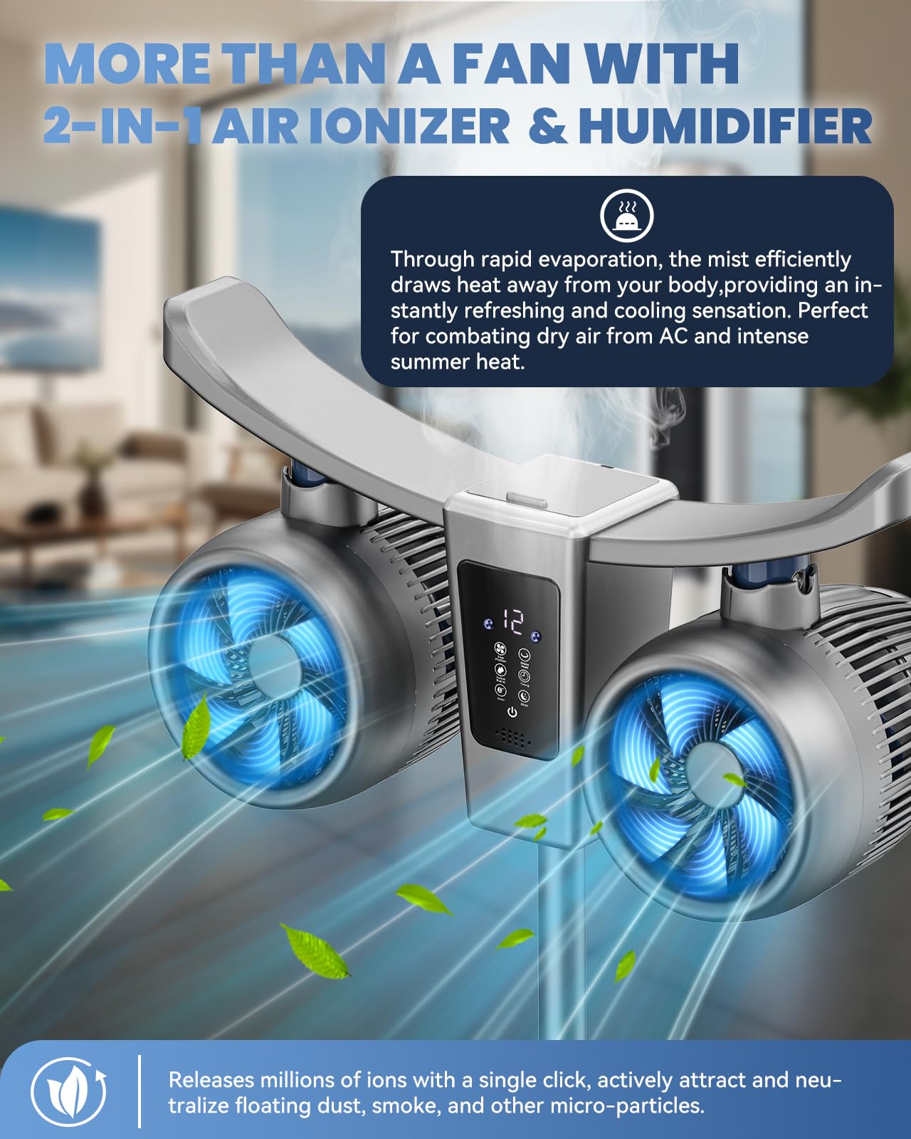 Ventilador de nebulización oscilante de 45 pulgadas | Circulador de aire 5D 285° con humidificador e ionizador de aire | Motor de CC silencioso de 12 velocidades | Control remoto y táctil de panel | 4