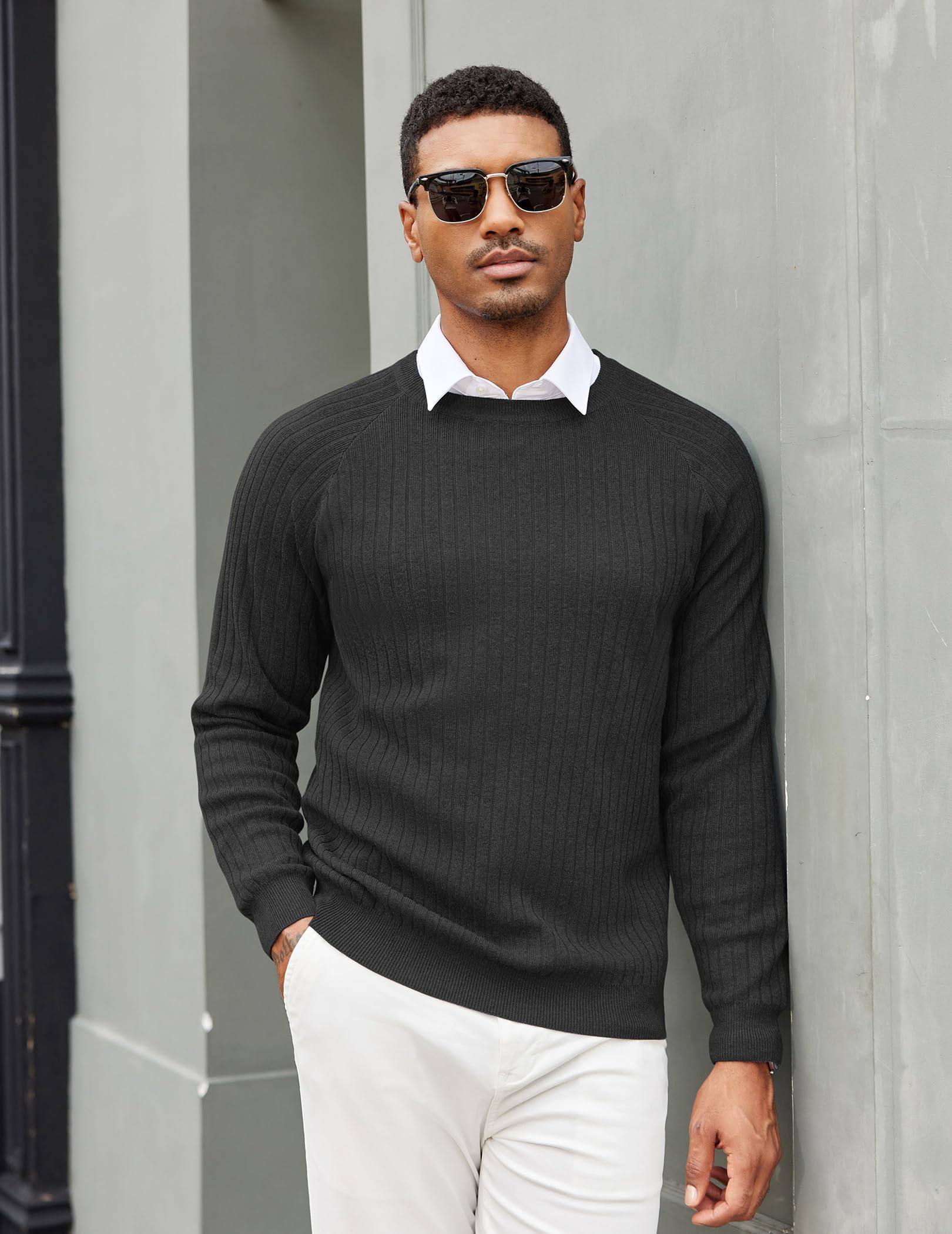 COOFANDY Maglione da uomo a maniche lunghe girocollo slim fit business casual pullover maglione, Striscia sottile nera, L