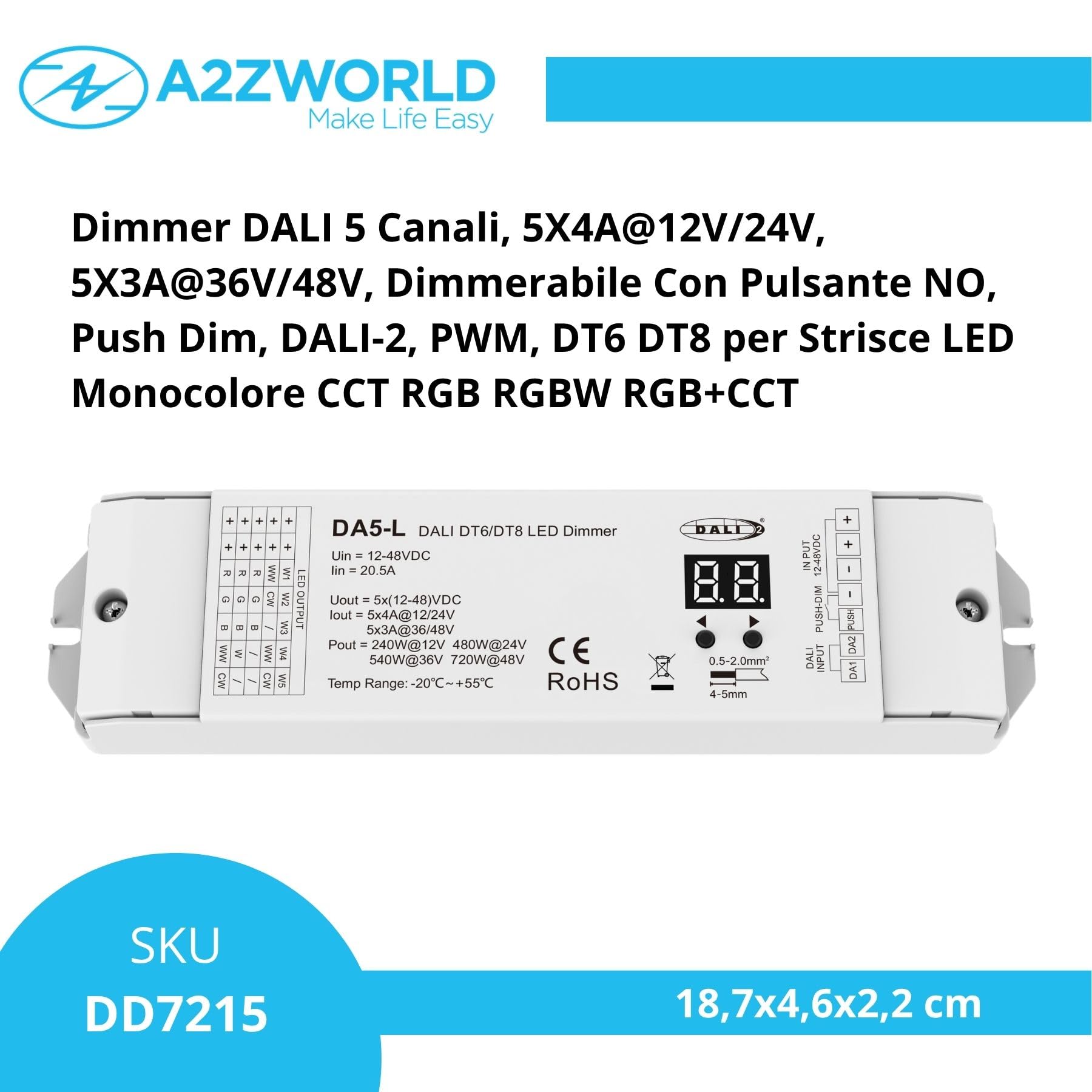 DALI-Dimmer 5 Kanäle, 5X4A@12V/24V, 5X3A@36V/48V, dimmbar mit NO-Taste, Push Dim, DALI-2, PWM, DT6 DT8 für einfarbige LED-Streifen CCT RGB RGBW RGB+CCT