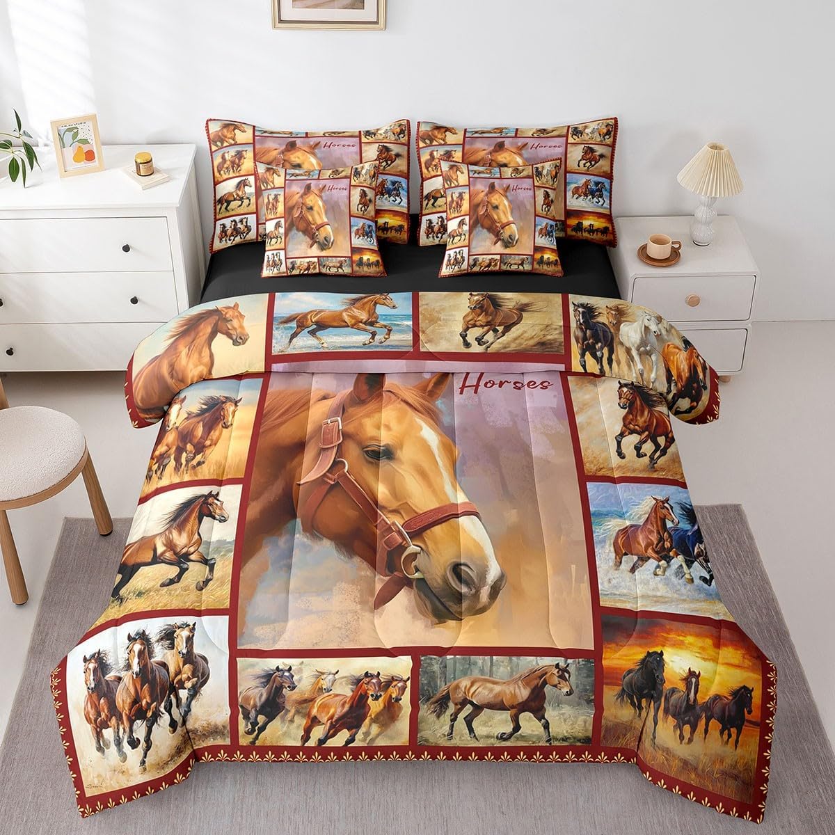 Erosebridal Galloping Horse 7 Pcs Comforter Set Twin,Rustic Horse Patchwork Bed in a Bag for Women Men Adults,Country Farm Animal Bedding Set,Western Farmhouse Reversible Bed Sets with Sheet Set