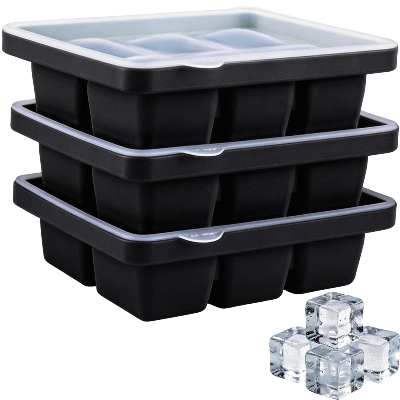 Ice Cube Tray with Lid, Easy-Release Silicone Freezer Moulds, Stackable Ice Cube Moulds, Silicone Mould for Chilled Drinks, Food, Whiskey, Cocktail (3, Black)