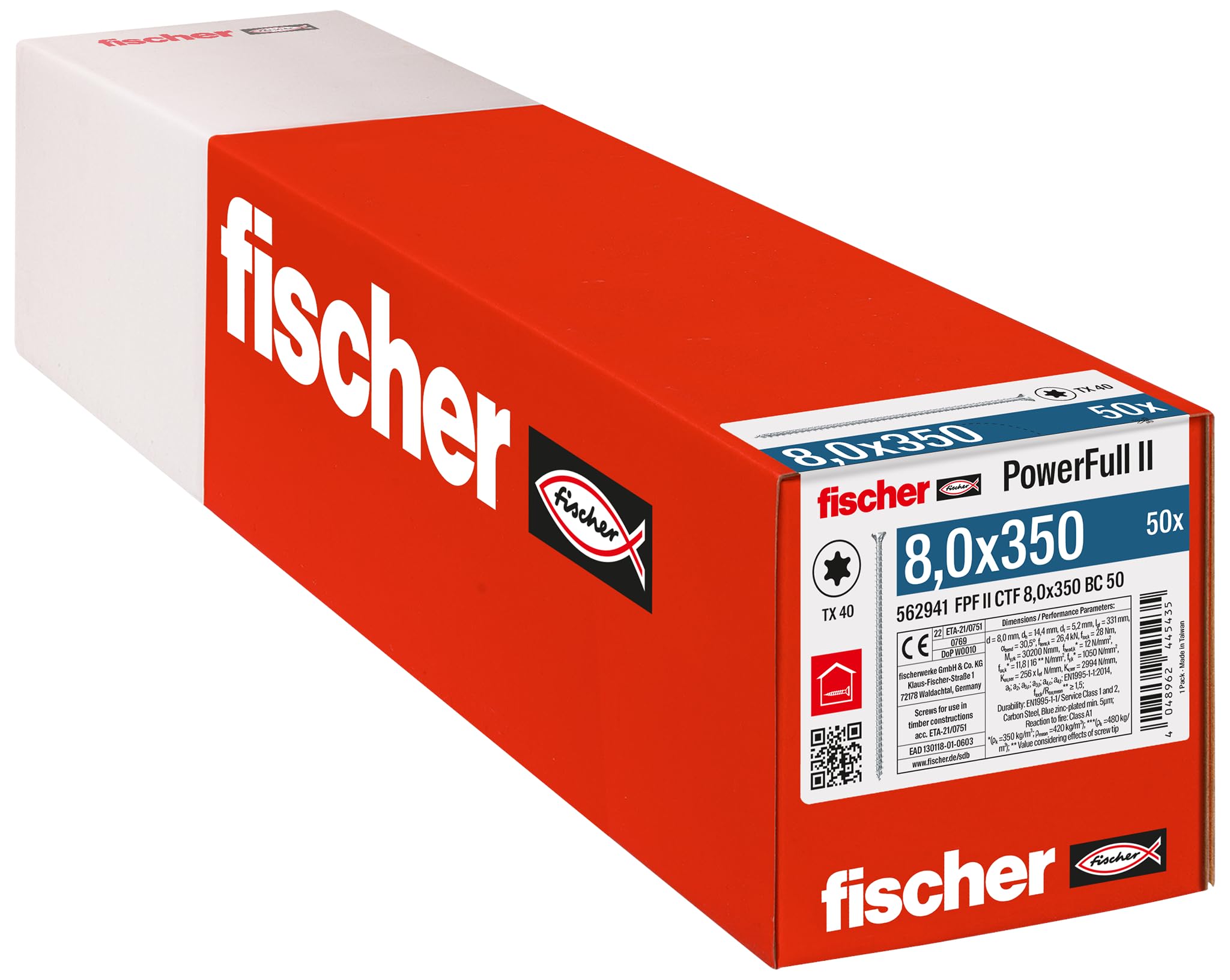 Fischer Powerfull FPF II CTF 8,0x350 - Tornillo de refuerzo con revestimiento de zinc, rosca total, cabeza avellanada con Huella Torx/caja de 50