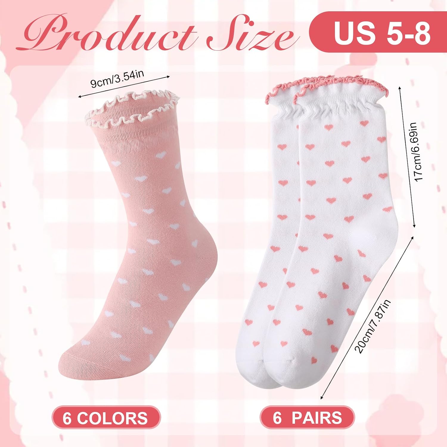 6 Pairs Womens Cotton Ruffle Crew Socks, Cute Breathable Casual Frilly Dress Socks with Dot Heart Bow