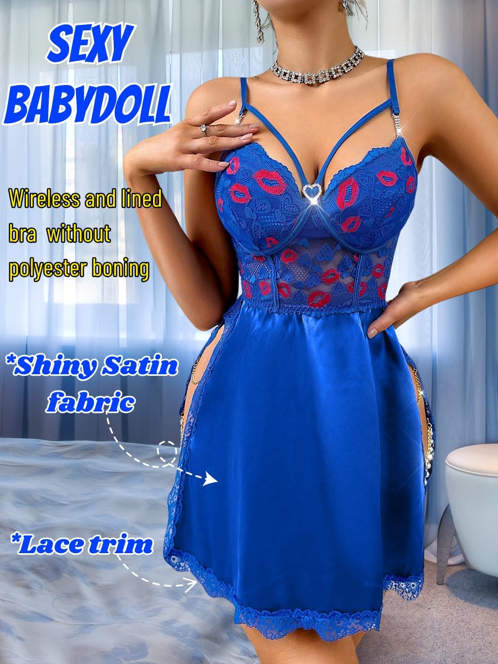 ShawGobow Heart Lace Babydoll Lingerie,Lip Embroidered Cutout Sexy Satin Dress,One Piece Chain Side Slit Nightgown Boudoir