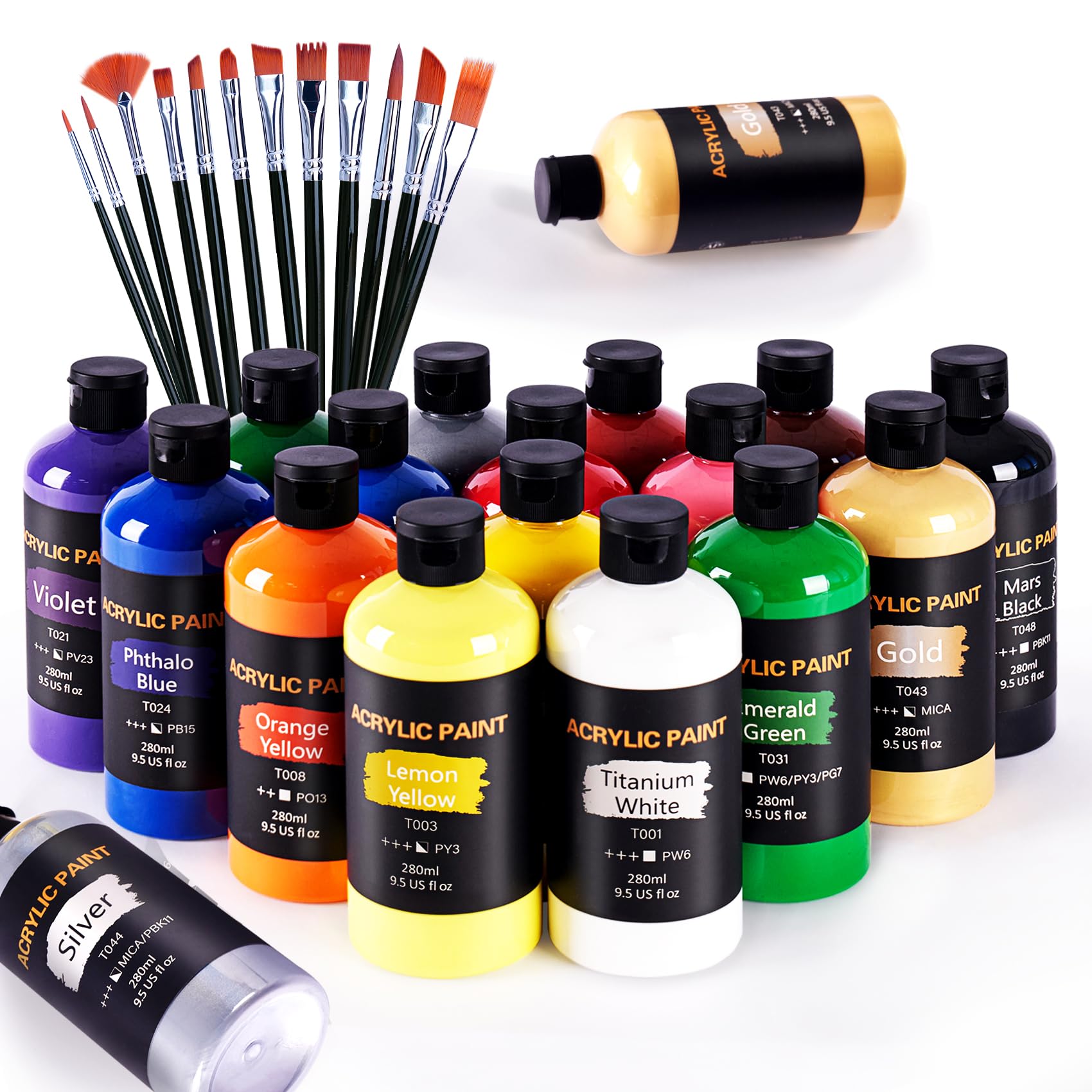 Photo 1 of Acrylic Paint Set with 12 Art Brushes, 16 Colors (9.5 oz/Bottle) Acrylic Paint for Painting Canvas, Wood, Ceramic and Fabric, Paint Set for Beginners, Students and Professional Artist, Rich Pigments 16 Colors Acrylic Paint 9.5 fl oz/280 ml