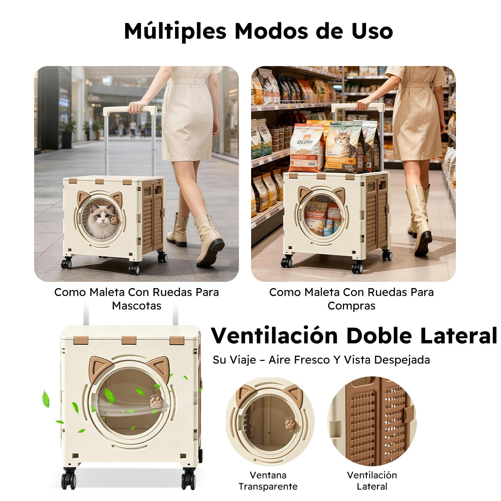 PETCUTE Bolsa de Viaje para Perros,Transportín para Gatos con Ruedas,Transportín Multiusos para Mascotas para Perros y Gatos Pequeños con Asa Telescópica,para Viajes, Senderismo,Paseos,Caqui