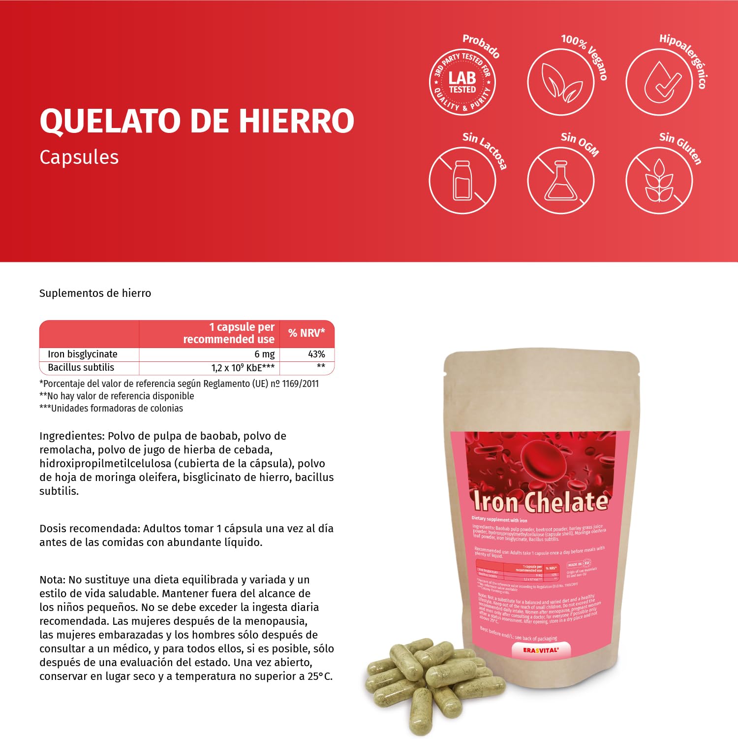 Eisen-Bisglycinat (Eisen-Chelat) 270 Kapseln Vegan hohe Bioverfügbarkeit mit weiteren natürlichen "Helfern", wie Baobab, Gerstengrassaft, Moringa und Rote Beete. (270 stück (1er Pack))