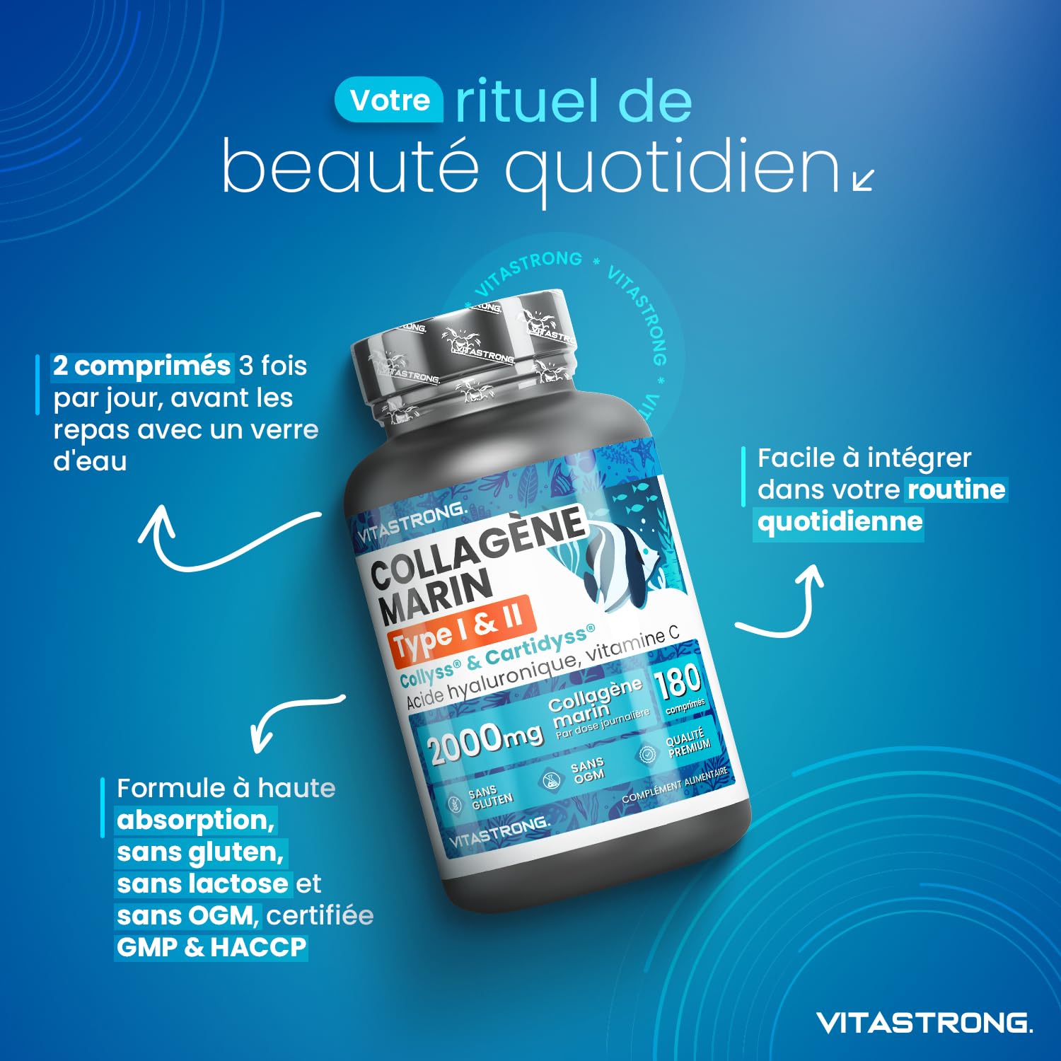 Collagene Marin, Acide Hyaluronique, Vitamine C, 180 Comprimés, Collagène Hydrolysé de Type 1&2 Collyss Cartidyss, Supplément de Collagene Marin Acide Hyaluronique avec Vitamin C, Qualité Vitastrong