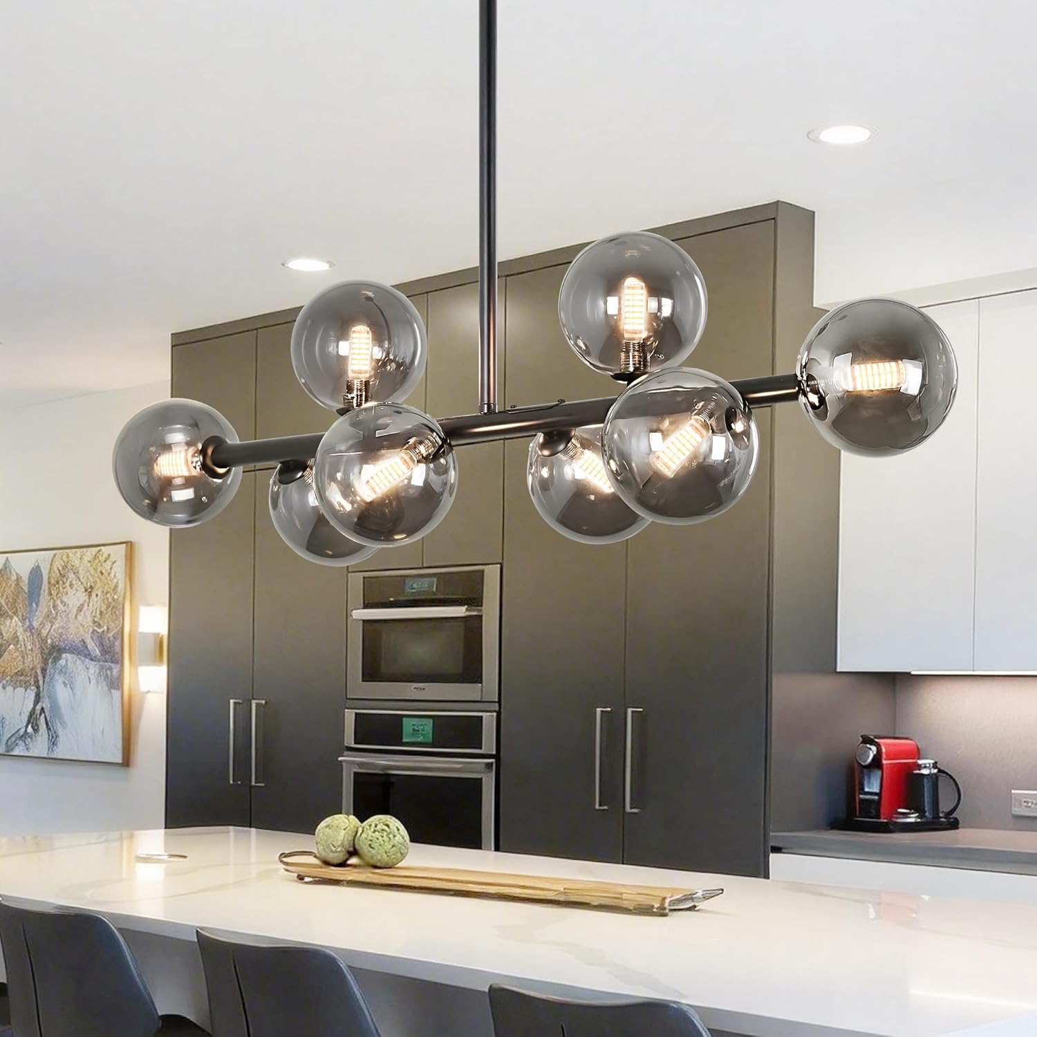 Black Dining Room Light Fixture Smoked Glass Linear Sputnik chandelier 37" Farmhouse Island Lights for Kitchen 8 Light Modern Linear Chandeliers for Dining Room Linear Pendant Lights Globe Farmhouse
