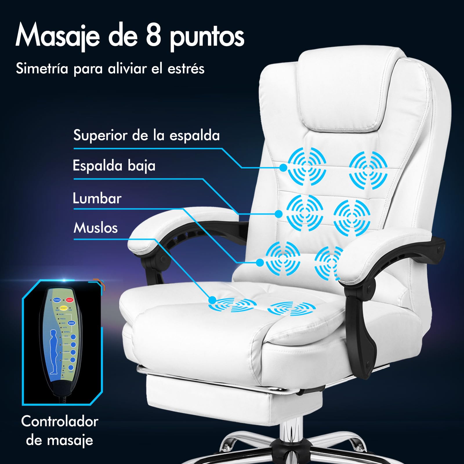 ALFORDSON Silla de Oficina Ejecutiva, Silla de Oficina de Masaje con Respaldo de Palanca, Silla de Escritorio Ergonómica con Gran Acolchado, Sillón, Silla Giratoria, Cuero PU, Blanco
