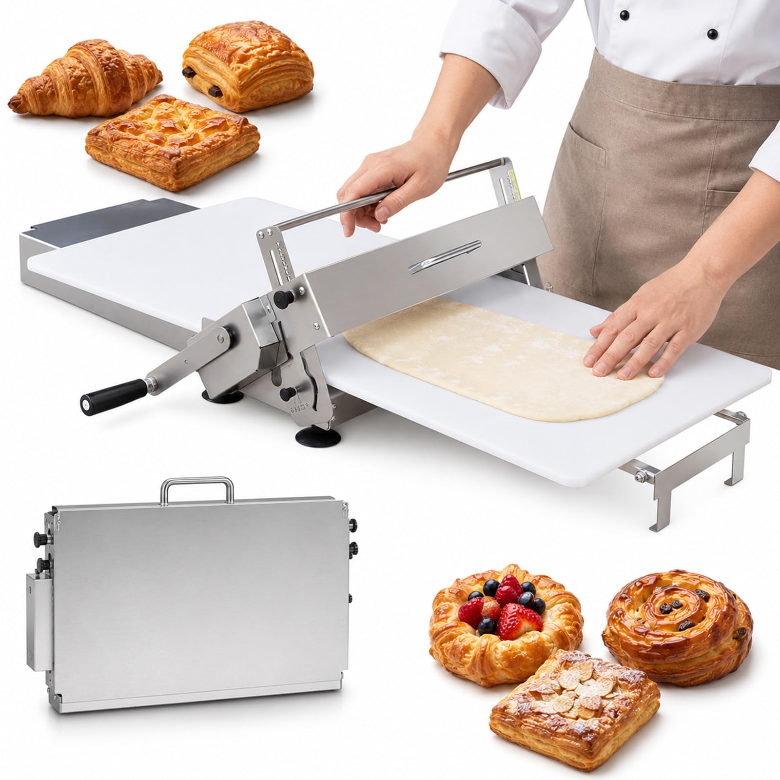 MASTLOUFUL Foldable Pastry Dough Roller for Home Baking, Manual Dough Sheeter with Metal Body, Clear Scale and Stable Feet for Bakery Style Croissants