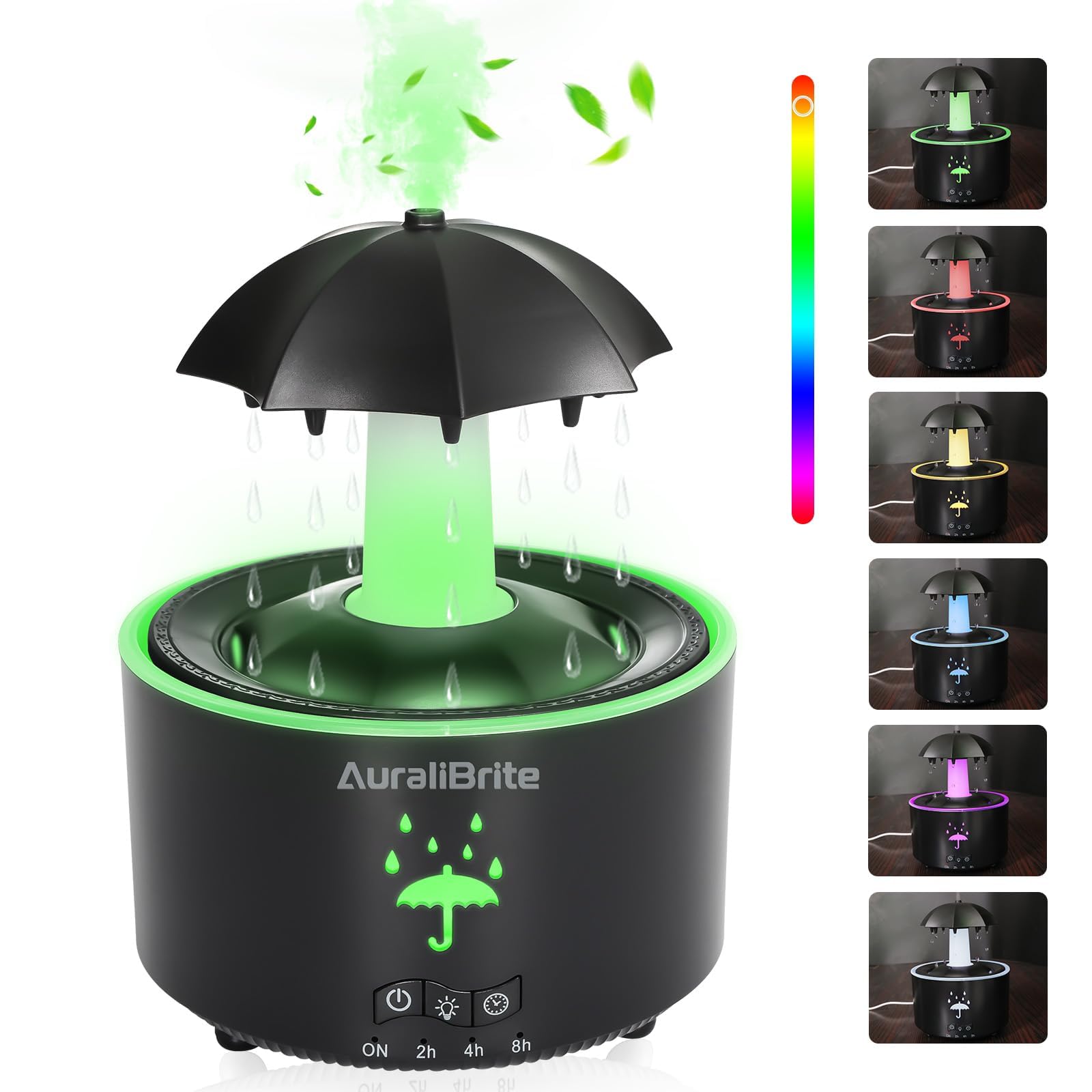 Asslye Black Umbrella Rain Humidifier, Essential Oil Diffuer For Bedroom, 7-Color Rotating Umbrella Rain Drop Aromatherapy Diffuser, 300Ml Large Mist Humidifier Diffusers With Remote & Timer (Black)