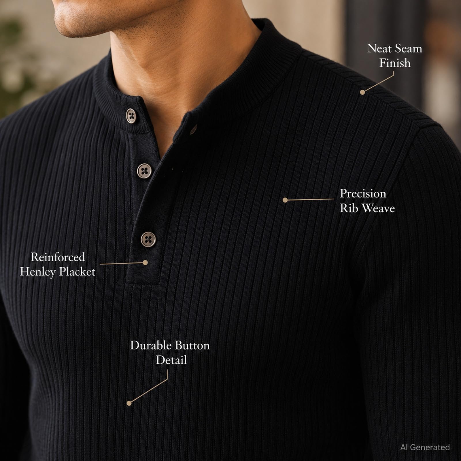 Męska koszulka Henley z długim rękawem Slim Fit Stretch Ribbed Pullover