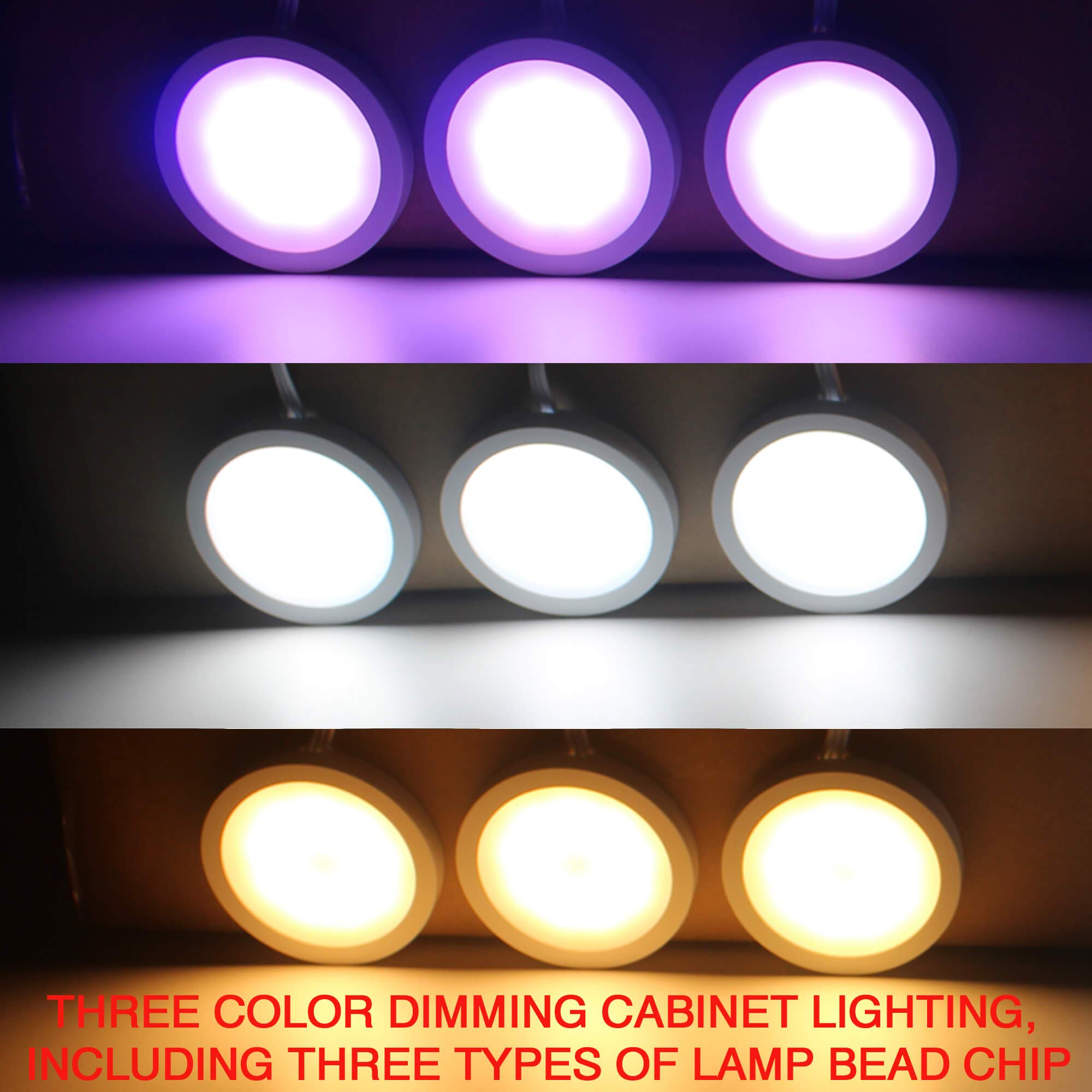 RSYEEK LED Under Cabinet Lighting :12V Linkable Puck Lights Wired and Hardwired with Remote Control Use for Kitchen Closet Showcase Display Stairway (UV+Warm+Daylight White, 6 Lights)