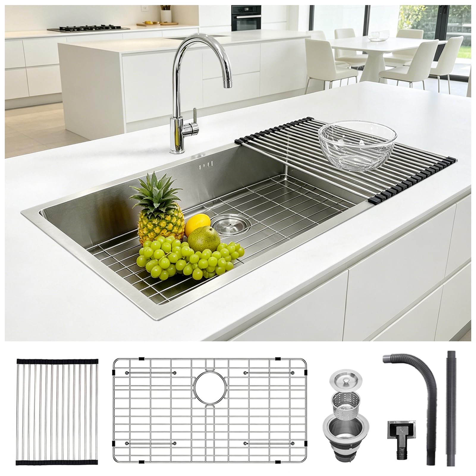 Lavello da Cucina, 85 x 48 cm, Realizzato in Acciaio Inox 304, Moderno lavello Singolo con scolapiatti a Pavimento, Argento, Inclusi sifone e Tubo di Scarico, 1 Vasca Senza Foro PE