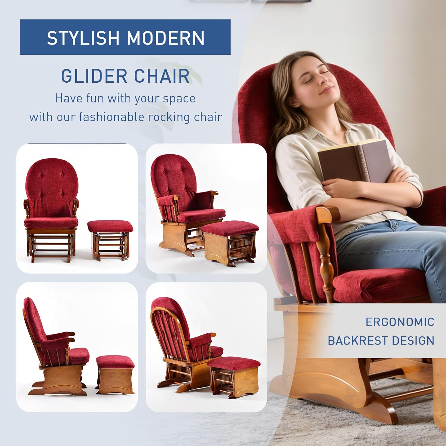 Glider Rocking Chair Nursery with Ottoman Smooth Rocking Motion, Easy to Assemble, Solid Hardwood Base Indoor Adult(Red)