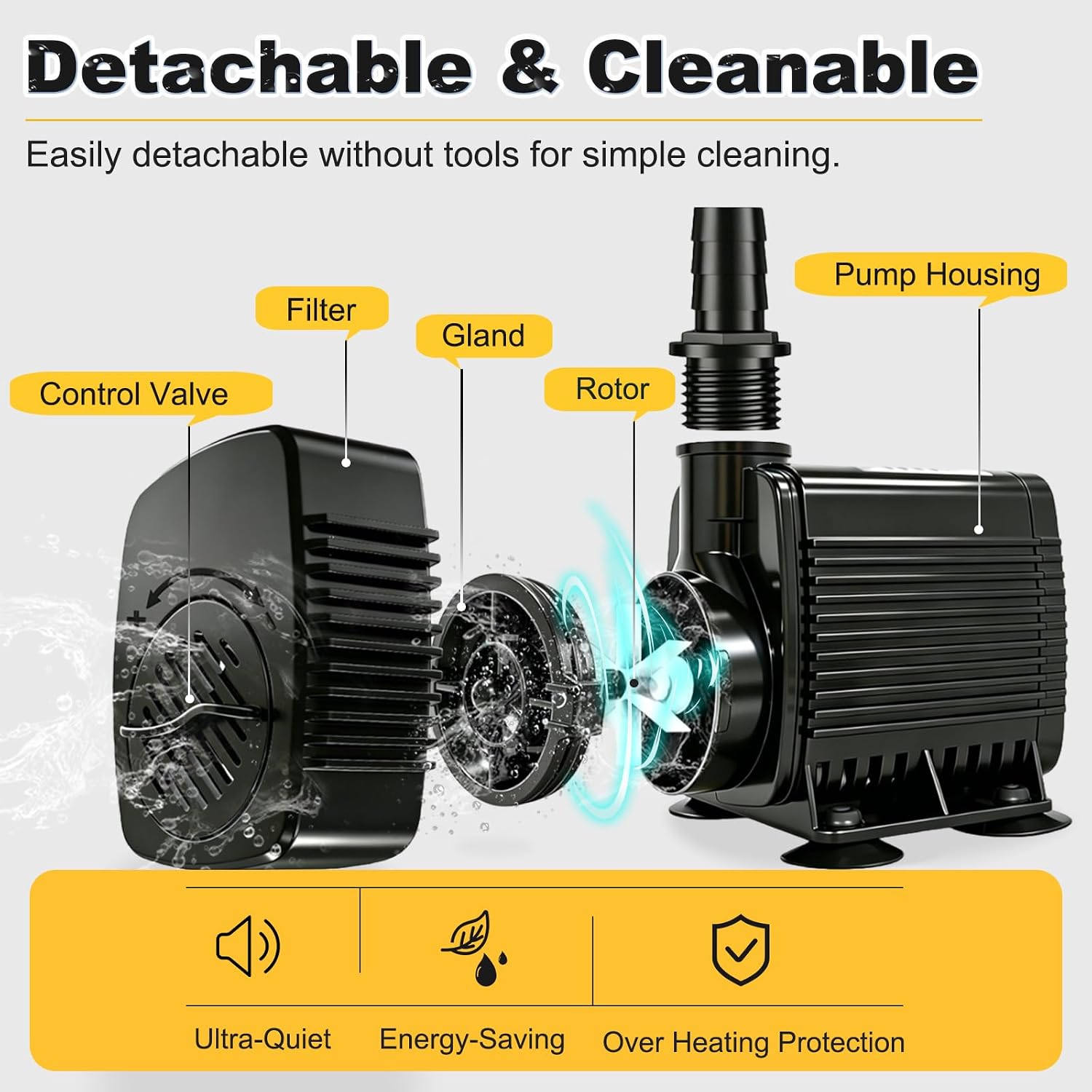 Submersible Water Pump 400GPH 25W with 9.8ft Power Cord & Filter Bag | 6.5ft High Lift, Adjustable Flow, Ultra Quiet, Overheat Protection, 4.9ft Hose for Fish Tank, Pond, Aquarium, Hydroponics