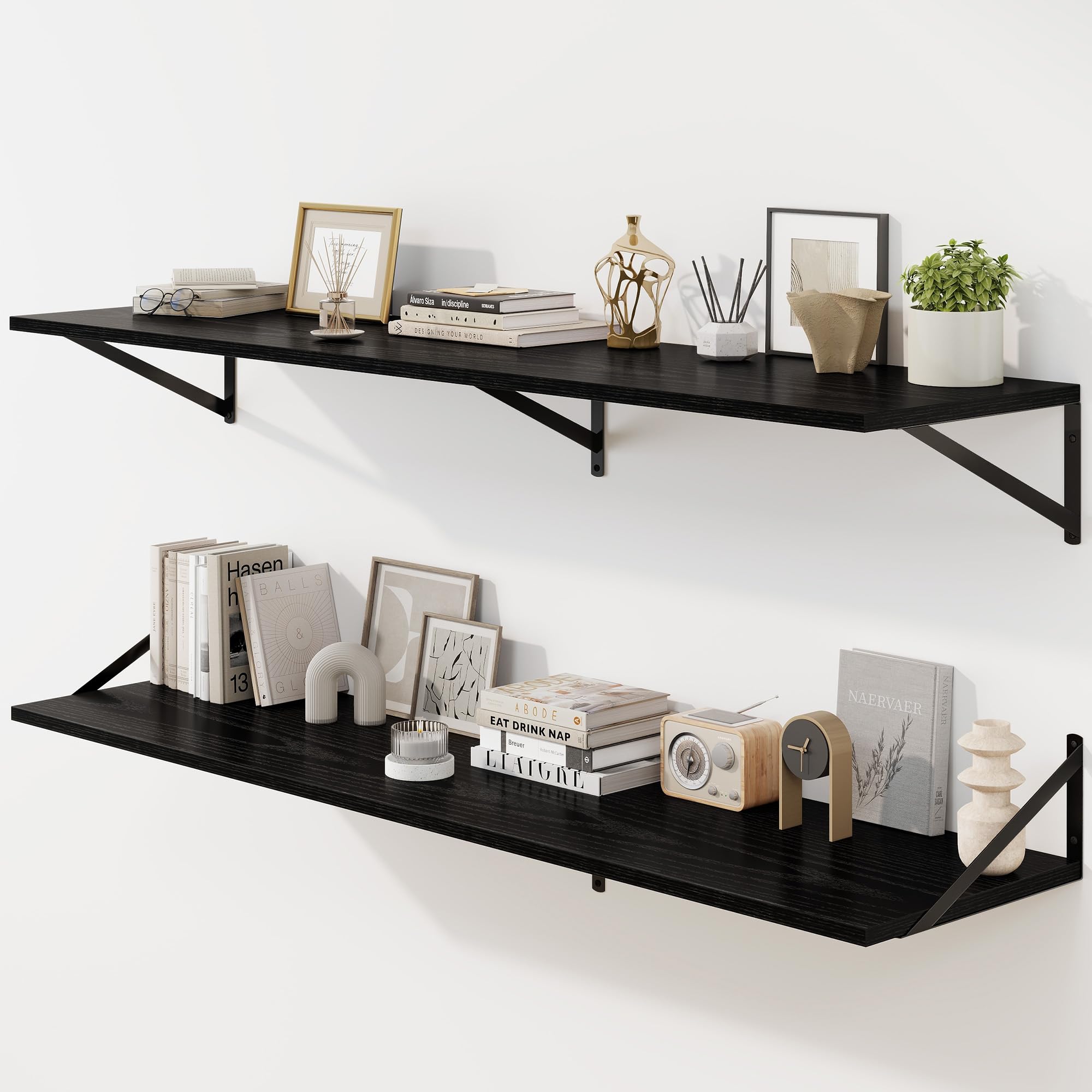 Fun Memories Floating Shelves for Wall, 30 cm Deep Floating Shelves Set of 2, 140 x 30 cm Large Wall Shelf with Sturdy Metal Brackets for Living Room, Bathroom, Bedroom and Kitchen, Black