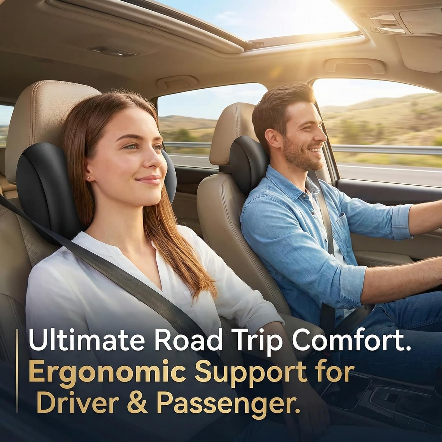 2Pcs Car Neck Pillow, Super Cozy Memory Foam Headrest Pillow with Adjustable Strap & Removable Cover, Ergonomic Support for Driving and Traveling (Black)